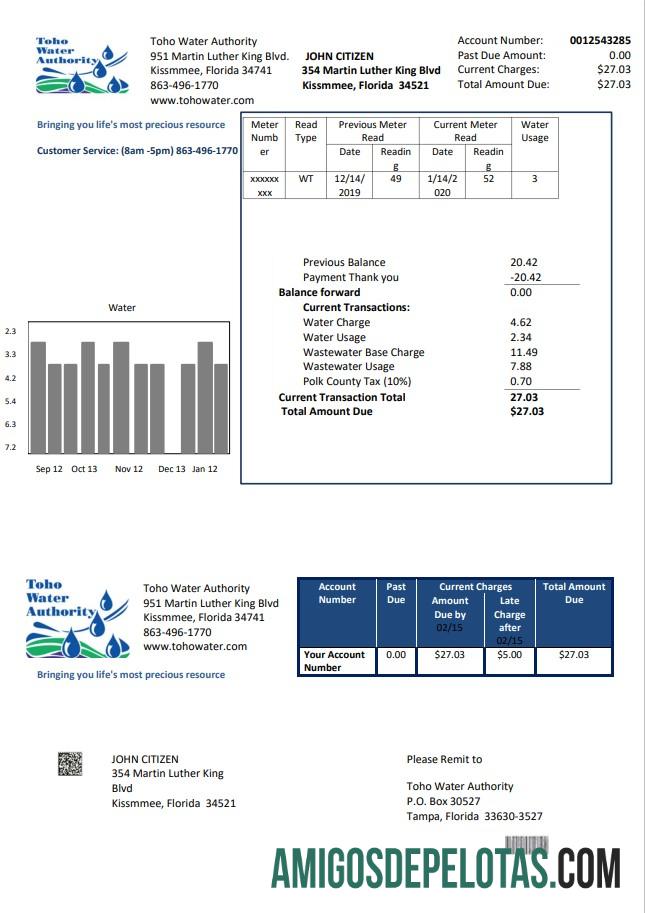 imprimível Modelo de conta de serviços públicos da Autoridade de Água Toho dos EUA, Flórida, em formato Word e PDF